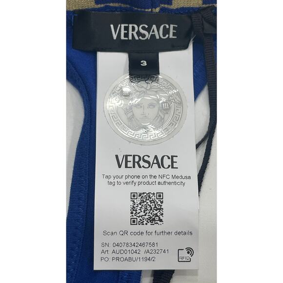 M2-35 VERSACE Women's Sexy Greca Thong Cotton Stretch Blue Size 3/Medium - Picture 5 of 9